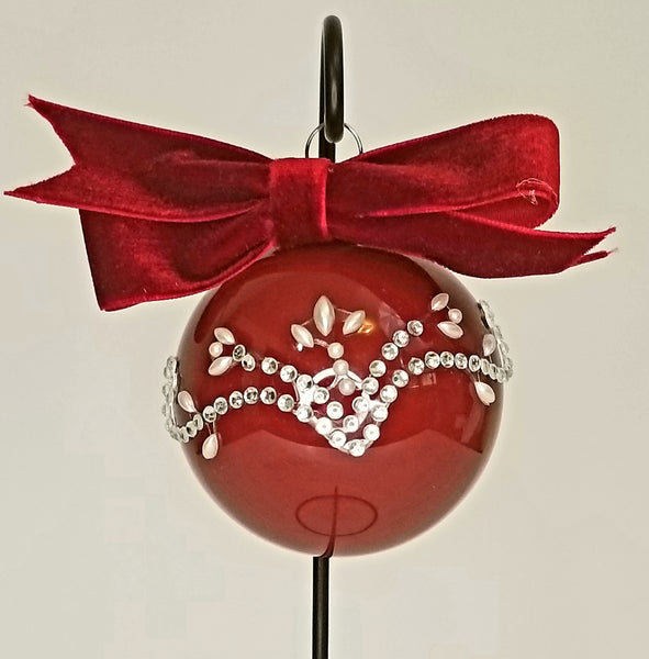 Burgundy Flourish Pearl and Rhinestone Vintage Christmas Ornament